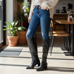 Sigerson‎ Morrison Knee-High Boots Croc-Embossed Black Leather Women's, Size 38